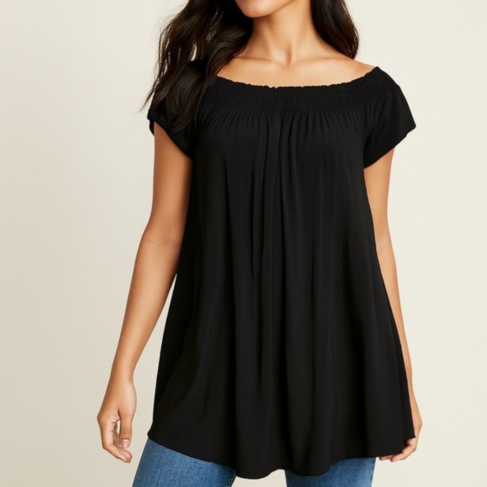 Aritzia Talula Black Off The Shoulder Smocked Tunic Babydoll Blouse Top Size XXS